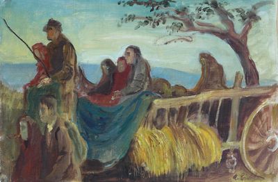 un tableau représentant un groupe de personnes voyageant dans un chariot