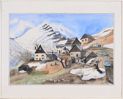 une photo d'un tableau représentant un village avec une montagne en arrière-plan