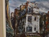 painting of a street scene with a building in the background