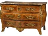 a wooden chest of drawers with a marble top