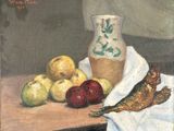 a painting of a vase, apples, and fish on a table