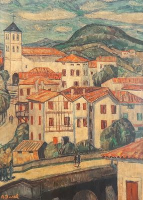 un tableau représentant une ville située sur une colline, avec un pont