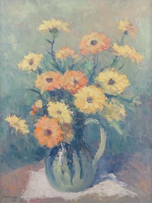 tableau représentant des fleurs jaunes dans un vase vert posé sur une table