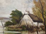 an oil painting of a house by the water with a thatched roof