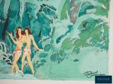 a painting of two women in bathing suits walking through the jungle