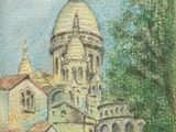 an oil painting of a church with a horse drawn carriage in front of it