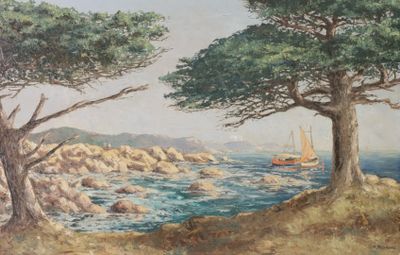a painting of a boat in the water near some trees