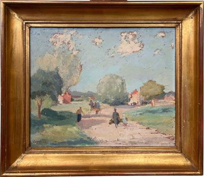 an image of a painting of people walking down a dirt road