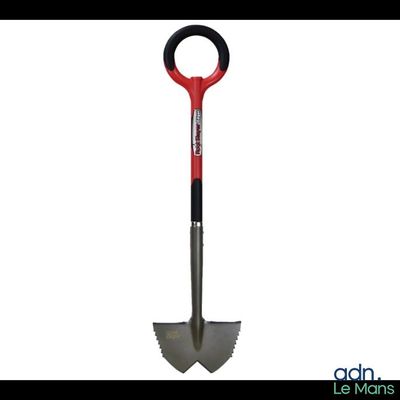 a close up of a red and black shovel on a white background