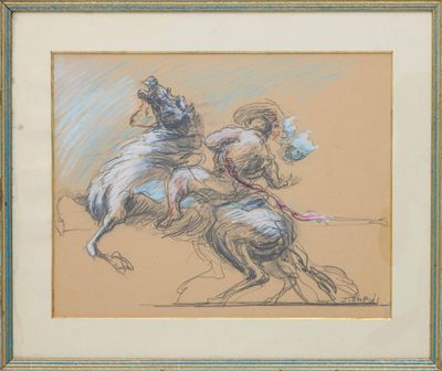drawing of a man riding a horse with a dog on his back