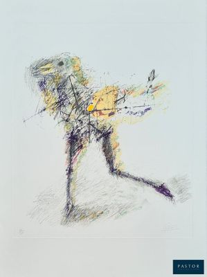 drawing of a man with a backpack on his back holding a tennis racquet