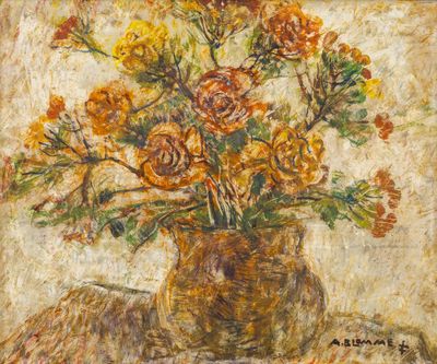 tableau représentant un vase de fleurs posé sur une table recouverte d'une nappe