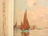 a painting of a sailboat on the water with other boats in the background