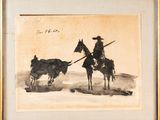 an old picture of a man on a horse and a cow in a field