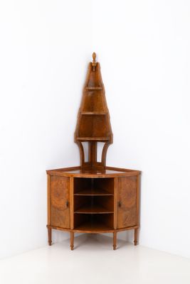 une armoire d'angle surmontée d'une étagère