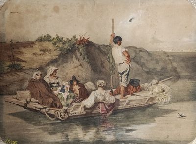 a painting of a man on a boat with people on it