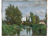 an image of a painting of a river with trees and houses in the background