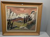 a painting of a man standing in front of a mountain