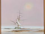 an oil painting of a sailboat on the beach with a full moon in the background