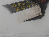 a drawing of a cat sitting on a table next to a stove