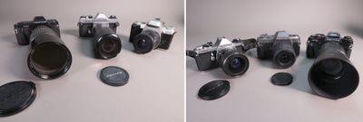 two pictures of a couple of cameras sitting on top of a table