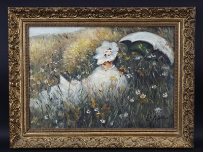 une peinture à l'huile représentant une femme allongée dans un champ, un parapluie à la main