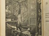 an old book with a picture of a woman in a room