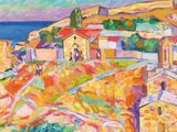 une peinture à l'huile représentant des maisons situées sur une colline surplombant l'océan