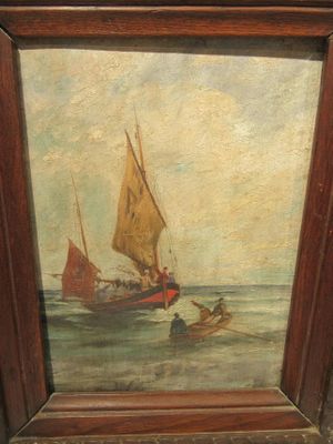une peinture à l'huile représentant un bateau en mer avec un homme à bord