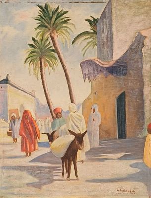 un tableau représentant un homme chevauchant un âne dans la rue