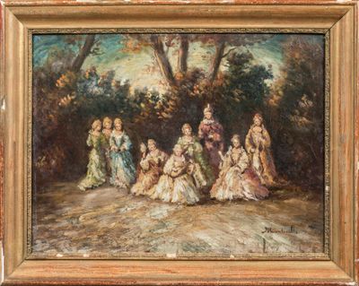 une peinture à l'huile représentant un groupe de femmes assises dans un bosquet