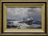 an image of a painting of a ship in rough water