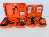 two orange tool cases with tools in them sitting on a white surface