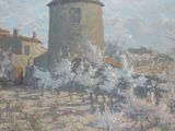 un tableau représentant un moulin à vent au milieu d'un champ