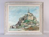 an oil painting of a castle on top of a hill
