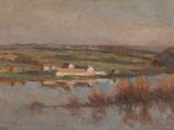 an image of a painting of a landscape with a river in the foreground