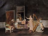 a painting of a woman playing the harp with two children