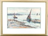 framed watercolor painting of boats on the beach in the water