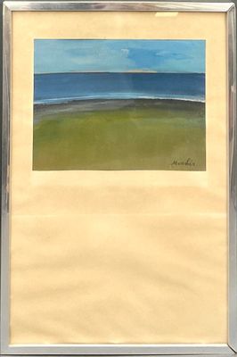 tableau représentant une scène de plage avec un ciel bleu et de l'herbe verte, dans un cadre argenté
