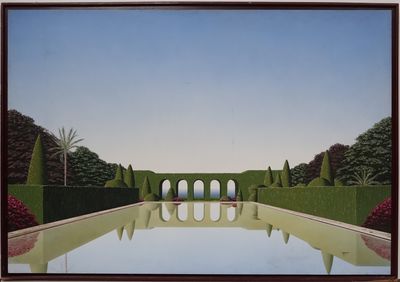 une image représentant un tableau d'un bassin réfléchissant dans un jardin