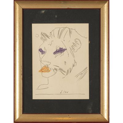 tableau représentant une tête de lion aux yeux violets, dans un cadre doré