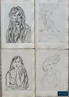 four drawings of a woman with long hair and a man with long hair