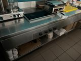 stainless steel counter top in a commercial kitchen with blue walls