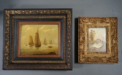 two framed paintings of boats on a wall next to each other