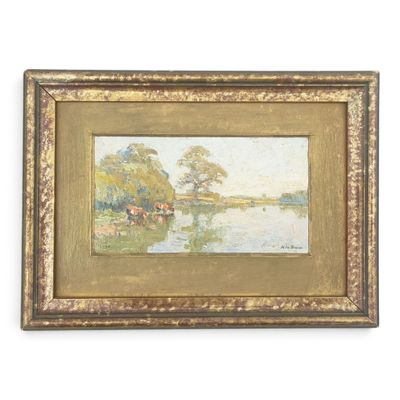 an oil painting of a river scene with cows grazing in the water