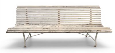 a wooden bench that is sitting on a white surface
