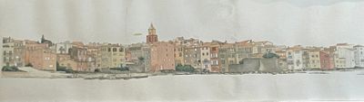 une image d'une peinture d'une ville au bord de l'eau