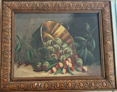 a picture of a painting of a basket of cherries
