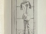 a drawing of a woman standing in front of a window