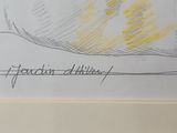 drawing of a bowl of fruit on a table with a knife and fork